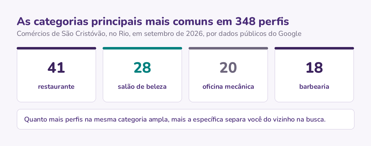 As quatro categorias principais mais comuns entre 348 perfis de comércio de São Cristóvão, no Rio, em setembro de 2026, com a quantidade de perfis em cada uma.