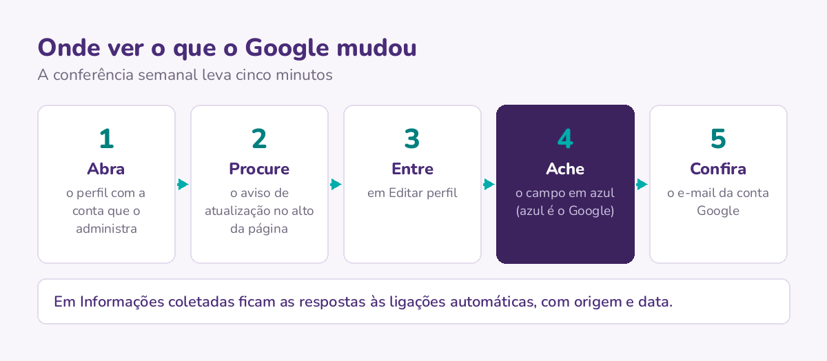 Os cinco passos da conferência semanal: abrir o perfil, procurar o aviso no alto da página, entrar em Editar perfil, achar o campo em azul e conferir o e-mail.