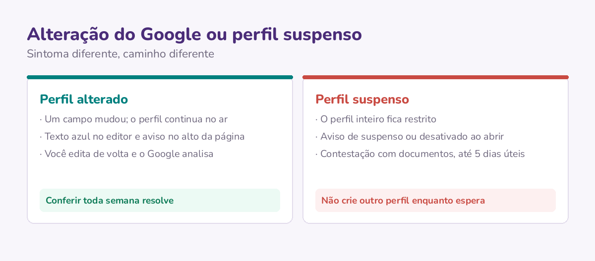 Alteração do Google e perfil suspenso lado a lado: num caso um campo muda e o perfil segue no ar, no outro o perfil inteiro fica restrito até a contestação.