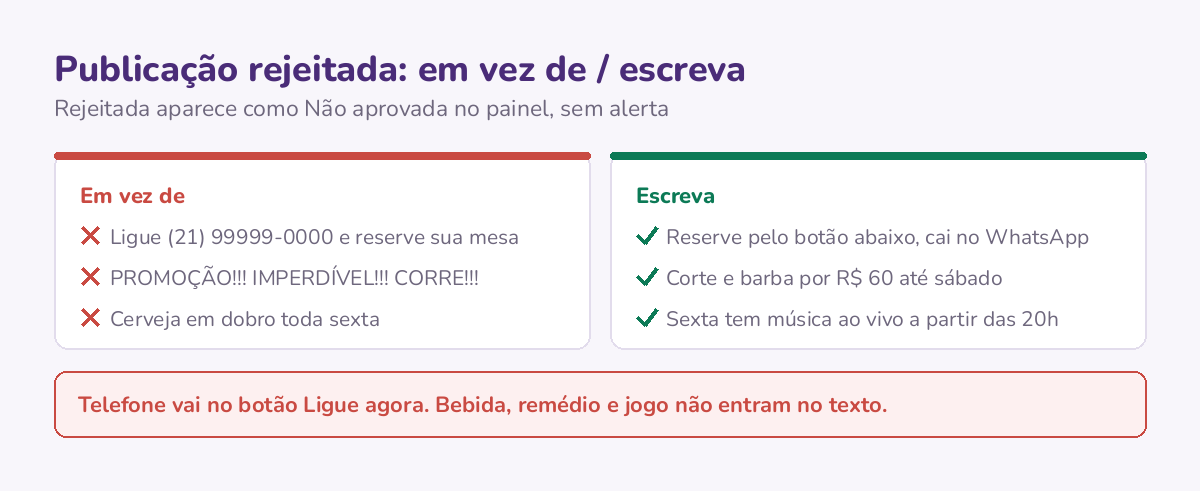 Três textos que o Google pode rejeitar e a versão de cada um que passa na revisão, com o telefone no botão em vez do texto.